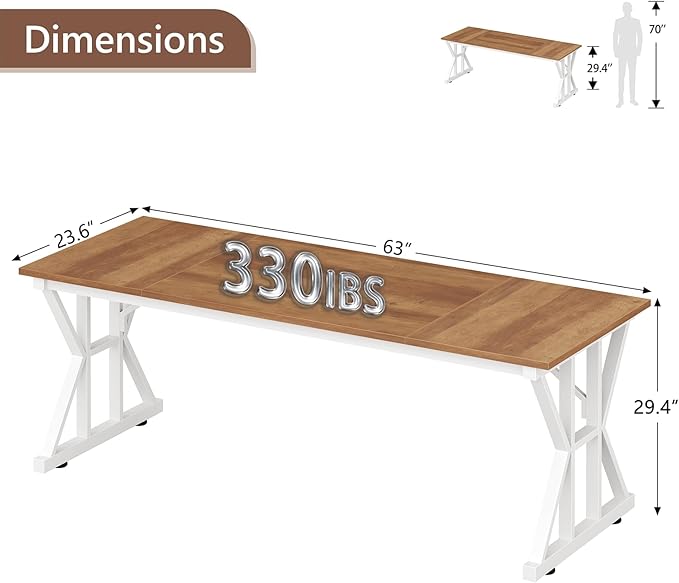 TVU Computer Desk, 63 inch Large Office Desk, Study Writing Table with Thicken Frame, Gaming Desk, Modern Simple Desk for Home Office, Brown