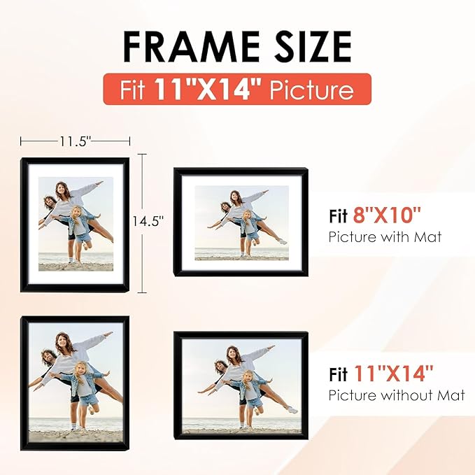 FIXSMITH 11x14 Picture Frame, Black Photo Frame with HD Plexiglass, Display Pictures 8x10 with Mat or 11x14 Without Mat, Picture Frames Collage for Wall Display, 1 Pack