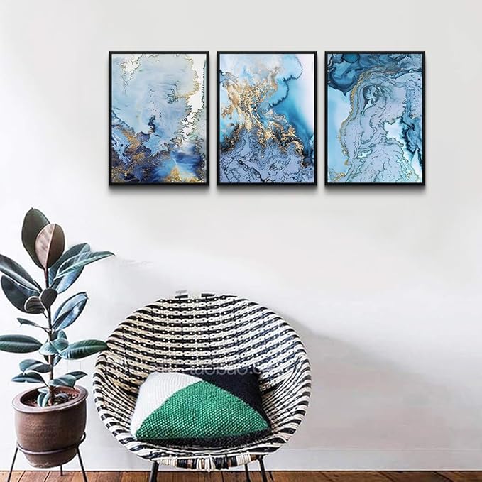 Black Framed Wall Art For Living Room Large Wall Decor For Office Bedroom Wall Decorations Minimalist Abstract Paintings blue Watercolor Wall Pictures Artwork Home Decor 3 Piece Framed Prints Art