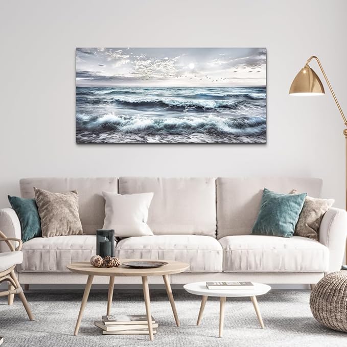 QIYILEXWART Canvas Wall Art For Living Room Wall Decor For Bedroom Office Wall Decorations Watercolour Painting Ocean Waves Pictures Artwork Room Aesthetic Home Decor Ready To Hang