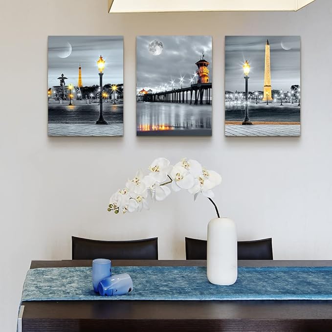Lapremoly Framed Canvas Wall Art for Living Room Modern Large Wall Decor for Bathroom Family Bedroom Wall Decorations Night View Paintings Kitchen Canvas Art Hang Pictures Artwork 3 Pieces Poster