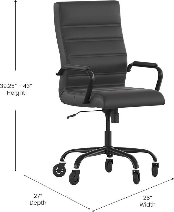 Flash Furniture Whitney High Back Black LeatherSoft Executive Swivel Office Chair with Black Frame, Arms, and Transparent Roller Wheels
