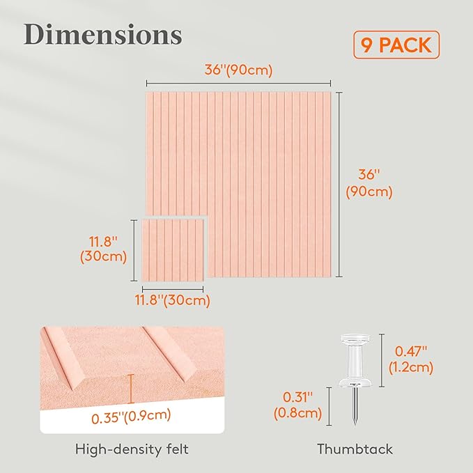 Lifewit Felt Slatted Bulletin Board with Self-Adhesive, 36"x 36"-9 Pack Cork Board Alternative, Pin Board Vision Board Message Board with 40 Pushpins for Office Decor, Room Decor, Pink