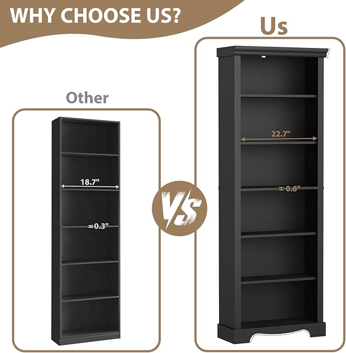 6-Tier Bookshelf, 73 inch Tall Bookcase with 2 Adjustable Shelves, Book Shelf with Anti-Tipping Device, Wooden Bookcase for Study Room, Living Room, Home Office, Bedroom (Black)