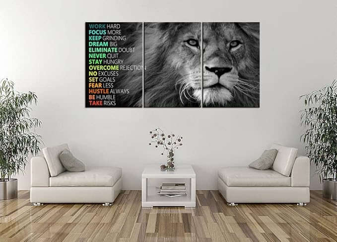 Inspirational Canvas Wall Art Lion 3 Pieces Poster Motivational Positive Wall Art Quotes Success Canvas Artwork Picture Print Framed for Home Office Living Room Gym Wall Decor [72''Wx 36''H]