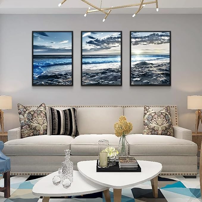Lapremoly Black Framed Wall Art For Living Room Large Wall Decor For Bedroom Office Decorations Blue Beach Seascape Wall Pictures Ocean Landscape Painting Poster Prints Artwork Home Decor 3 Piece