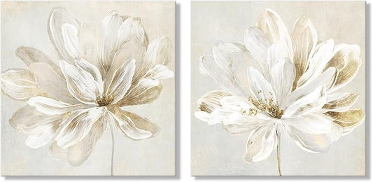 SEVEN WALL ARTS 2 Pcs Beige and Gold Flower Wall Art Blooming Flower Abstract Floral Artwork Canvas Print Poster for Living Room Bedroom Office Wall Decor 24"x24"