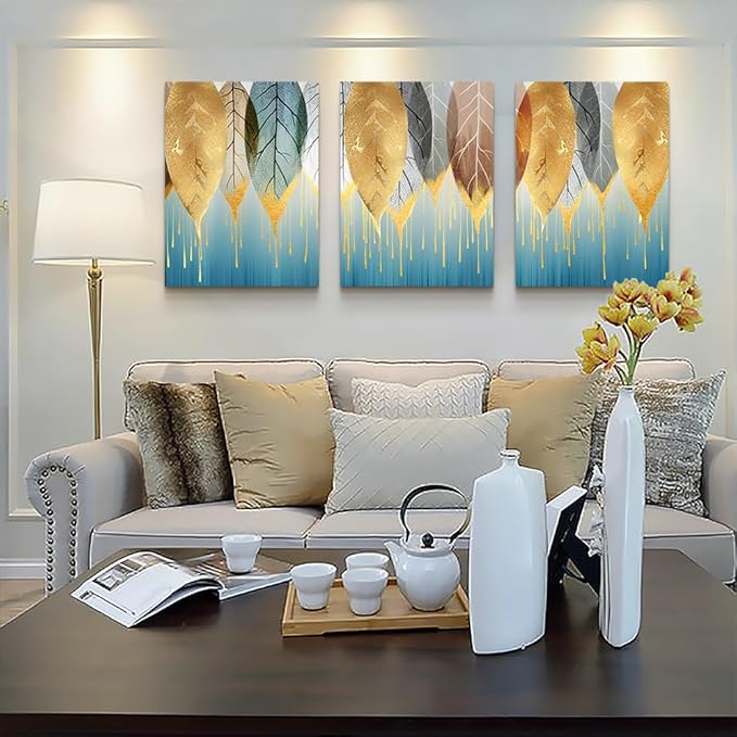 DZRWUBHS Fashion Golden Leaves Abstract Paintings Wall Art for Living Room Family Wall Decor for Bedroom Wall Decorations for Kitchen Canvas Art Hang Pictures Artwork Large Home Decoration 3 Pieces