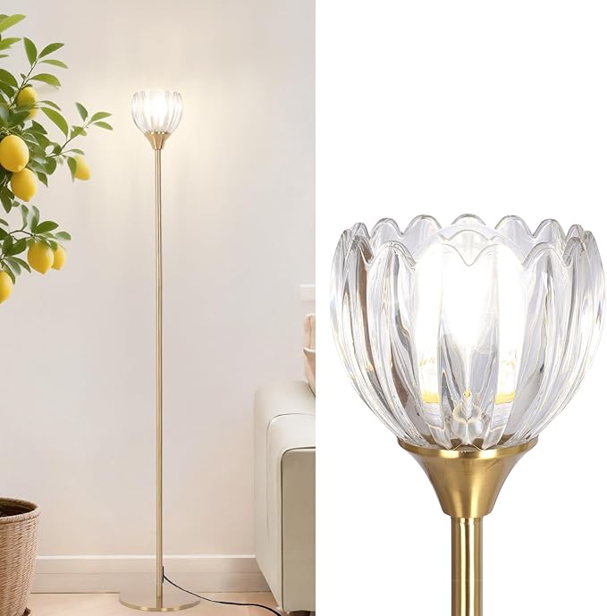 Floor Lamps for Living Room, Bedroom, Gold Standing Lamp with 12W Bulb, Vintage Floor Lamp for Reading, Nursery, Corner (Clear Tulip)