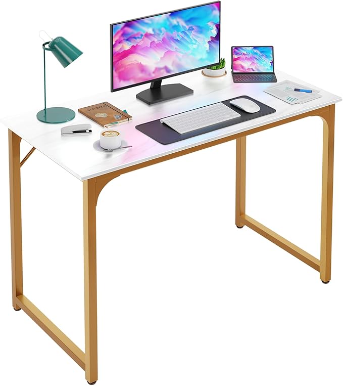 Dkelincs 40 Inch Small Computer Desk Home Office Desk Writing Desk Modern Simple Style Study Work Table with Metal Frame, Easy Assembly, Adjustable Feet, Water-Resistant, Scratchproof Surface, Gold