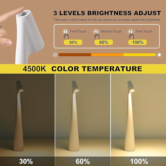 Portable LED Table Lamp with Touch Control, White, 3 Brightness Levels,2000mAh Battery, USB Rechargeable, Cordless, 4500K Color Temperature