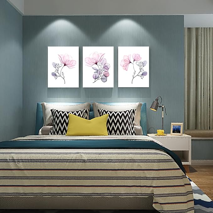 Modern Pink Flowers Canvas Wall Art For Bedroom Living Room,Bathroom Wall Decor,3 Panels Wall Painting Home Decoration Kitchen Canvas Print Abstract Watercolor Flowers And Leaves Artwork Wall Mural