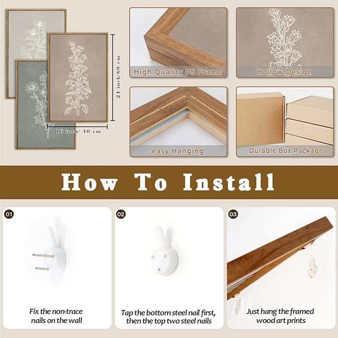 ANHUIB Neutral Botanical Wall Art, Rustic Farmhouse Floral Paintings,Vintage Minimalist Boho Flower Wall Decor 16x24 Inch Plants Set of 3 for Living Room Bedroom