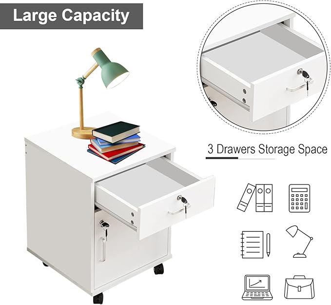 Mobile 2 Drawer File Cabinet with Lock, Wooden Under Desk Filing Cabinet with Wheels, Small Rolling Storage Cabinet for Home Office Organizer A4/Letter Size/Legal, White