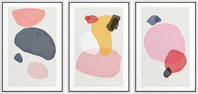 SIGNFORD Framed Wall Art Print Set Pink, Gray, Red & Yellow Transparent Blots Abstract Shapes Digital Art Modern Art Contemporary Colorful for Living Room, Bedroom, Office - 24"x36"x3 White