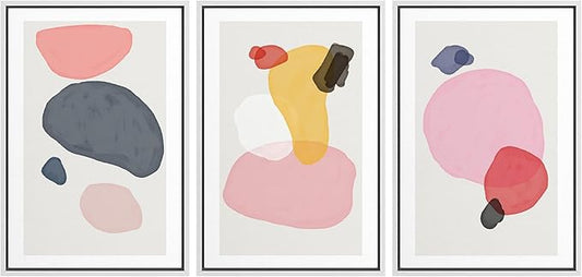 SIGNFORD Framed Wall Art Print Set Pink, Gray, Red & Yellow Transparent Blots Abstract Shapes Digital Art Modern Art Contemporary Colorful for Living Room, Bedroom, Office - 24"x36"x3 White