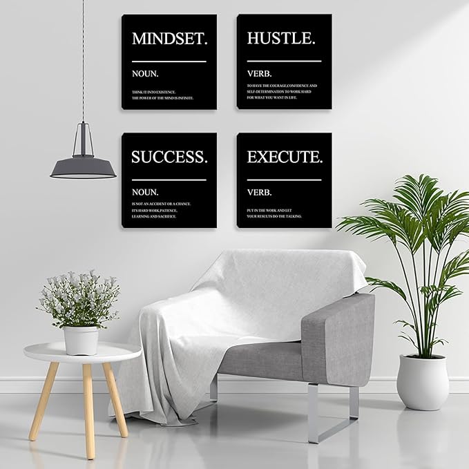 Home Office Wall Decor - Framed Motivational Wall Art for Office - Inspirational Hustle Wall Art - Mindset Canvas Wall Art Decorate for Living Room Bedroom Men Office Decor - 16"x16"x4PCS