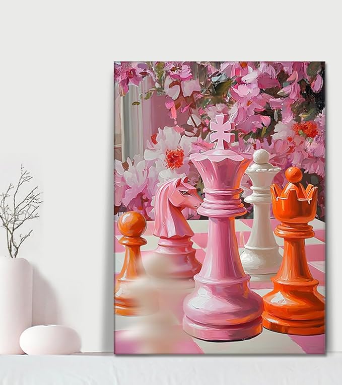 Pink Chess Wall Art - Colorful Chess with Floral Canvas Prints Intelligence Game Posters Motivational Artwork Trendy Home Wall Decor for Bedroom Living Room Bathroom Office, Framed 12"x16"