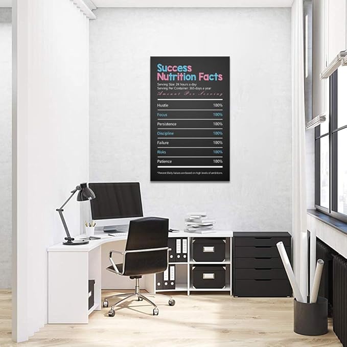 Success Nutrition Facts Wall Art - Inspirational Quotes Wall Decor Black Office Picture Artwork Motivational Poster Inspiring Prints Modern Canvas Painting Framed for Living Room Home, Large 28"x 44"
