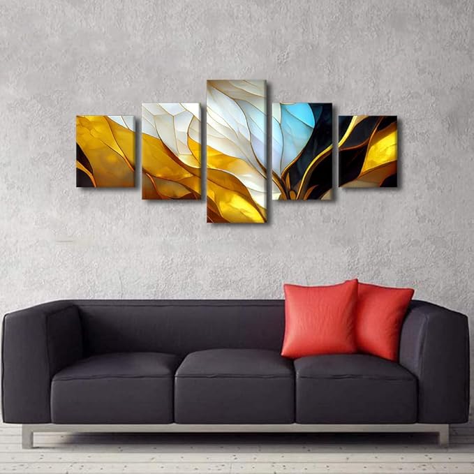Abstract Canvas Wall Art for Men 5 Panel Wall Art Decor Vintage Pattern Poster Prints on Canvas Colorful Glass Window Picture Printing for Living Room Office Wall Decor Framed Ready to Hang 50x24 in