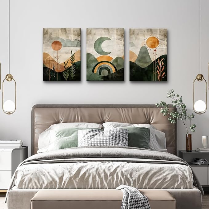 TTHYUEWS Boho Modern Abstract 3-Piece Set Canvas Wall Art For Living Room, Bedroom & Office - Geometry Landscape Abstract Wall Pictures Artwork