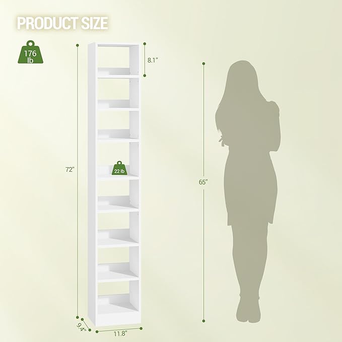 Bookcase, Tall Narrow Bookshelf, Open Display Storage Shelf, Skinny Cube Book Shelf with Adjustable Shelves, CD Rack for Living Room, Home Office 8-Tier(9.4 x 11.8 x 72 inch) White BC89603X
