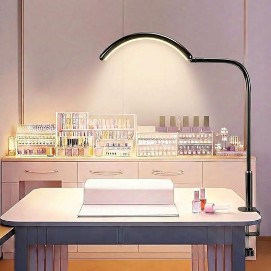 Half Moon Light for Nail Desk, Professional Shadowless LED Manicure Lamp with Clamp for Nail Techs. 10 Dimmable Modes, Eye-Caring Light for Nail Art, Gel Polish, Acrylics. Compact & Space-Saving