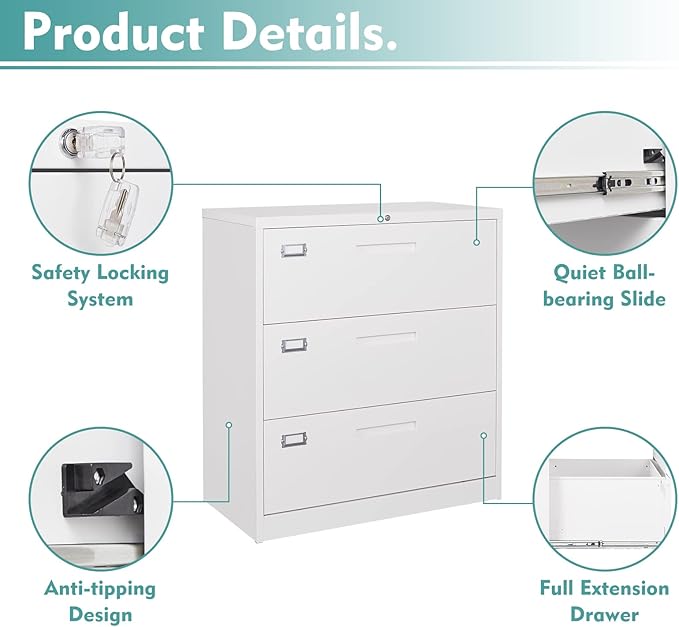 MIIIKO Lateral File Cabinet 3 Drawer, White Metal Filing Cabinet with Lock Lock for Home Office, Large Storage File Organizer for Hanging File Folders,Easy Assemble