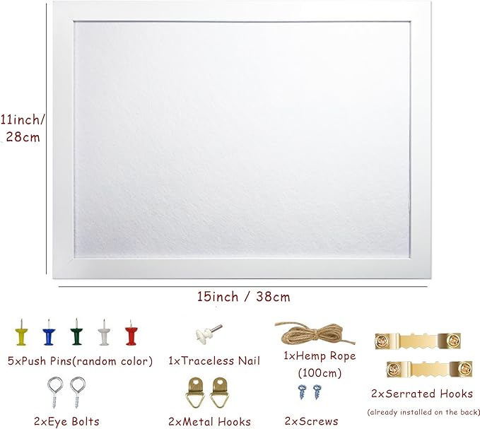 15"x11" White Bulletin Board Cork Board with Felt, 15"x11" Small Display Pin Board Vision Board for Walls, Jewelry, Notes, Collection, Photos, Office, Wood Framed(White) & Felt(White), 1pc