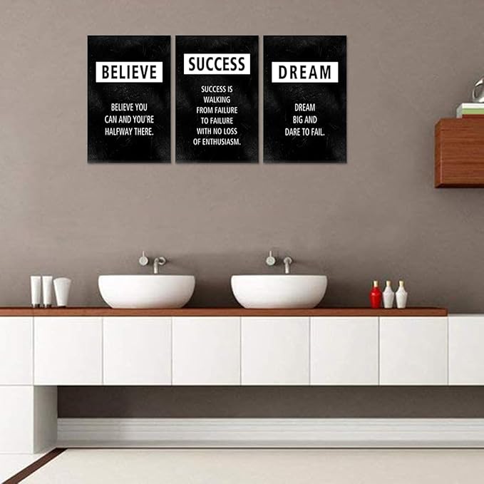 3 Panel Motivational Canvas Wall Art, Positive Office Wall Decor Believe Success Dream Inspirational Quote Poster Uplifting Prints Framed Black Picture Artwork for Bedroom Living Room Home, 24"x36"x3