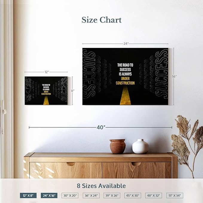 ElephantStock - Work On Your Road To Success Wall Art - Horizontal Canvas Wall Art - Home Office Wall Decor - Digital Art Inspirational And Typography Canvas Art - Black And White Decor - 24" x 16"