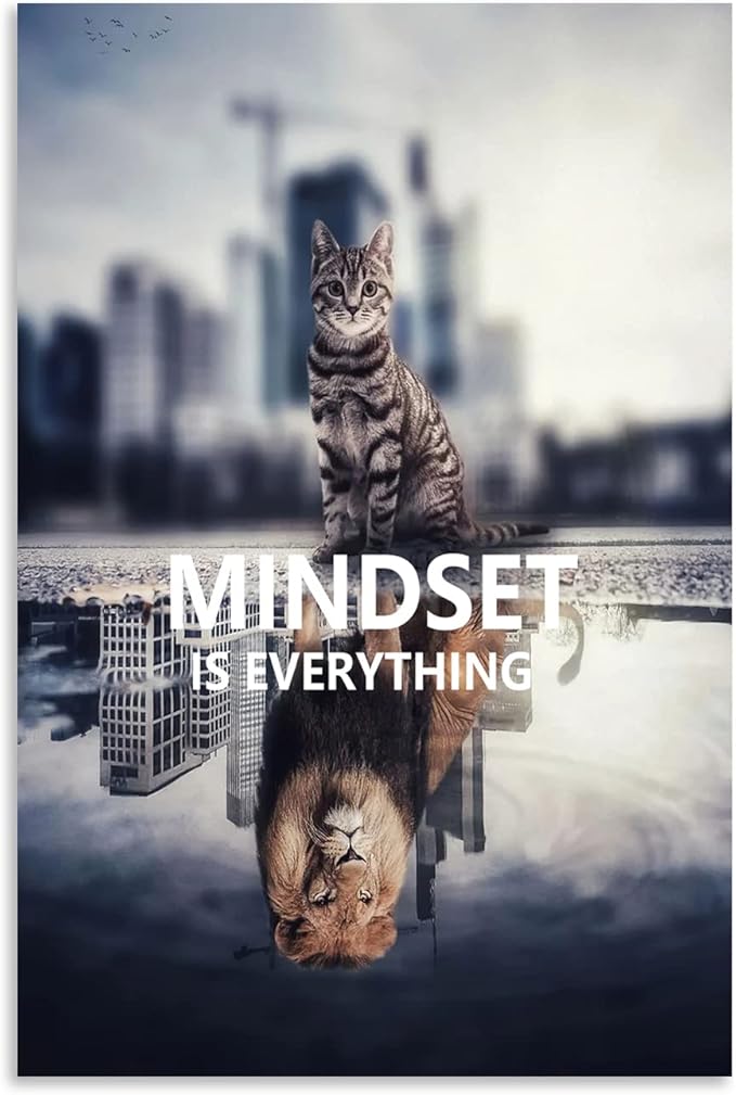Mindset is Everything Canvas Wall Art Cute Animal Poster Cat Lion Picture Printing Inspiring Picture Frame Artwork Modern Home Decoration Office Living Room Ready to Hang[24''W x 36''H]