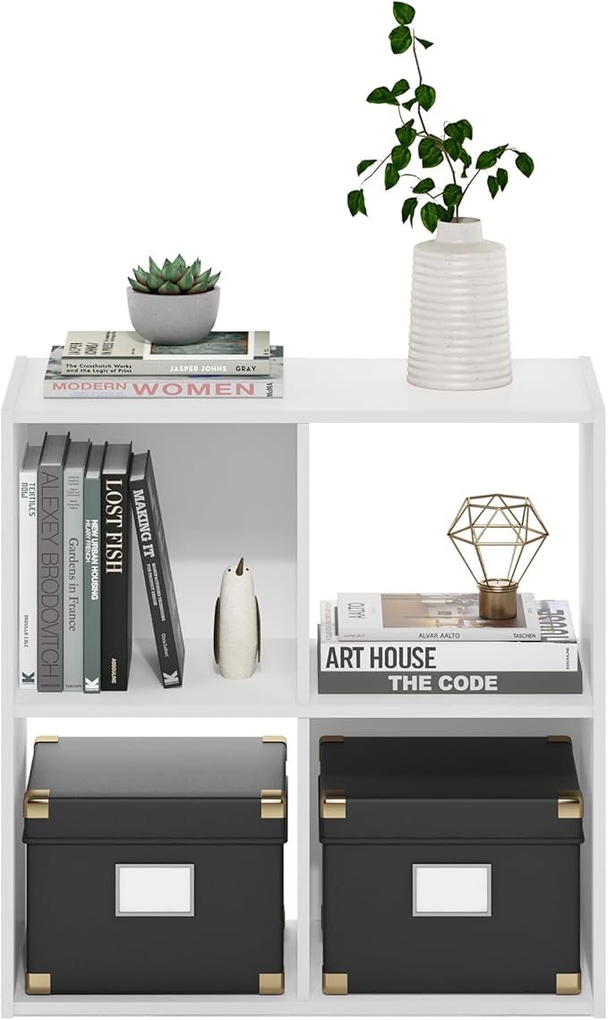 Furinno PELLI Book Shelf, 4 Cube Bookshelf with Open Back & Closed Back Cubes, 2 x 2 Storage Organizer Cabinet, 11.6 x 24.2 x 24.2, for Living Room, Bedroom, Home Office, White