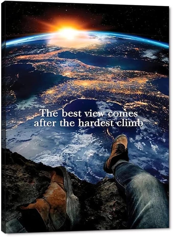 Creative Motivational Earth and Sunrise Wall Art Positive Quotes The Best View Comes After The Hardest Climb Artwork HD Print Modern Home Farmed Office Wall Decoration Painting Easy to Hang-18"Wx24"H