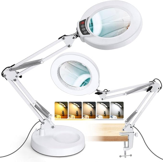 10X Magnifying Glass with Light and Stand, 2-in-1 Desk Lamp & Clamp Light, 5 Color Modes, Brightness Stepless Dimmable LED Lighted Magnifier Hands Free, Magnifier Lamp for Crafts - White