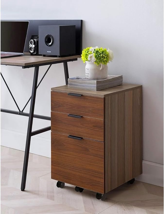JJS 3 Drawer Rolling Wood File Cabinet with Locking Wheels, Home Office Portable Vertical Mobile Wooden Storage Filing Cabinet for Letter Size，Brown Drawer