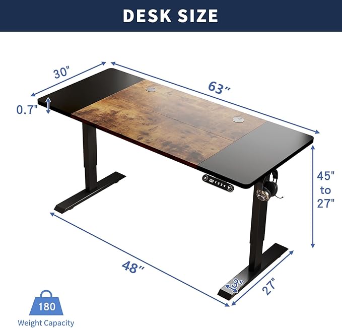 63 Inch Electric Standing Desk, Height Adjustable Sit Stand Desk with Memory Control and Spacious Desktop for Home Office