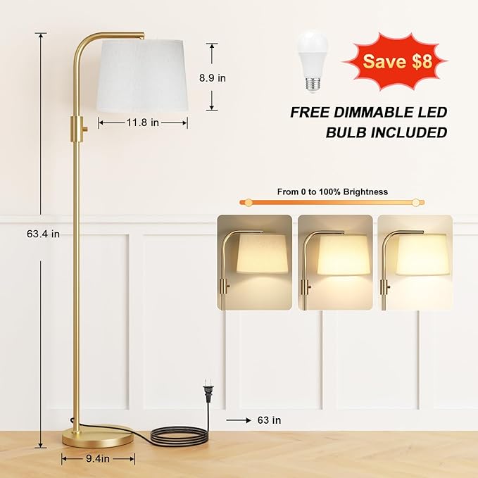 Ambimall 𝐅𝐮𝐥𝐥𝐲 𝐃𝐢𝐦𝐦𝐚𝐛𝐥𝐞 Floor Lamp - Floor Lamps with 9W 𝐋𝐄𝐃 Bulb, Standing Lamps for Living Room with Adjust Head, Modern Standing Tall Light Rotary Switch for Office(Gold and Beige)