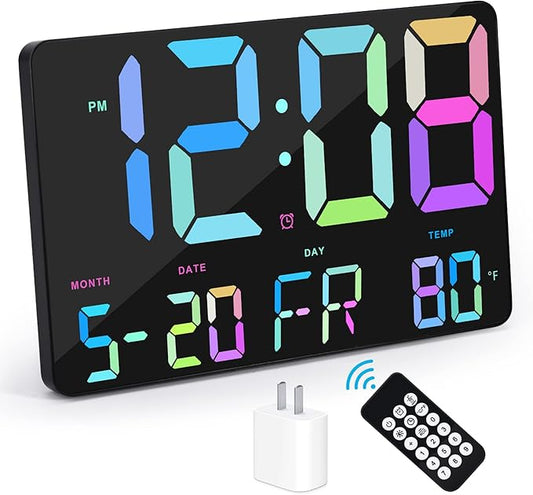 Amgico Digital Alarm Clock with Snooze, Temperature, Auto Dimming, 11.5" Large Display Calendar, Desk/Wall Clock for Bedroom, Living Room, Office, Home, Classroom,Elderly - Rainbow