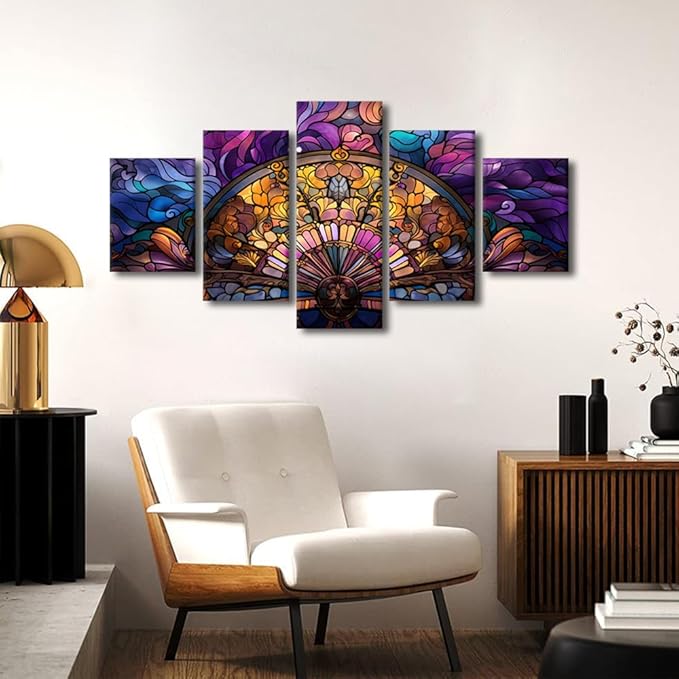 Color Canvas Wall Art Modern Abstract Canvas Wall Art Stained Glass Style Fan Poster Prints on Canvas 5 Panel Bedroom Decor for Living Room Decoraton Stretched and Framed Ready to Hang 60x32 in