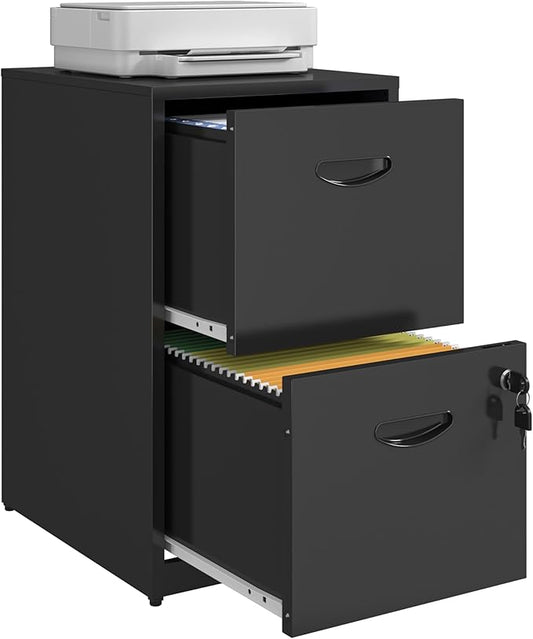 2 Drawer File Cabinet with Lock, Metal File Cabinets for Home Office, Under Desk Storage, Printer Stand, Office File Cabinets for Letters and File Boxes, Assembly Required, Black