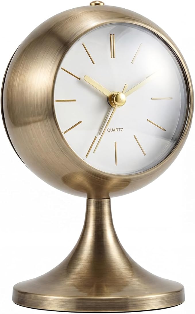 Analog Alarm Clock, Mid-Century Modern Desk Clock, Silent Non-Ticking Quartz Table Clock with Gold Hands, Battery Operated Decorative Clock for Bedroom, Office, Living Room (Gold)