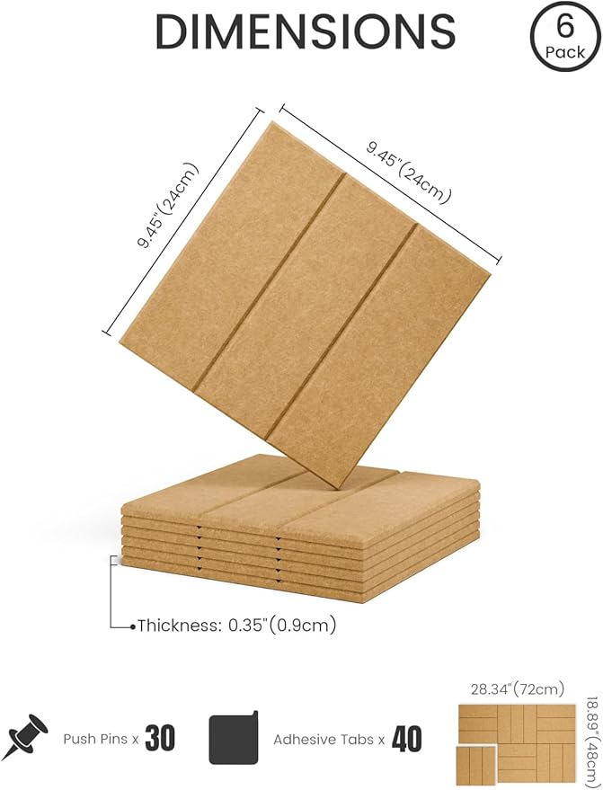 Fluxynara Felt Bulletin Board Tiles -28"x18" with 40 Adhesive Tabs, Cork Board Alternative for Office Decor, Push Pin Board Wall Organizer 6-Pack (Longan Tan)