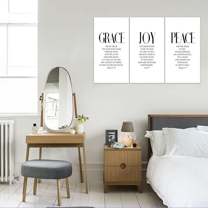 3 Piece Inspirational Wall Art White Motivational Mindset Picture, Quote "Grace Joy Peace" Canvas Print for Christian Gifts, Triptych Entrepreneur Poster Framed Artwork for Home Wall Decor(36"Wx18" H)