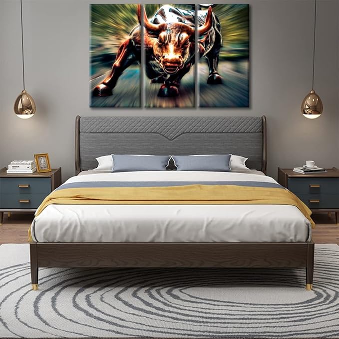 TUMOVO Living Room Wall Decor 3 Panel Colored Copper Bull Picture Print on Canvas Symbol Strength and Courage Artwork Canvas Prints Picture Home Decoration Framed Ready to Hang - 42" Wx28 H