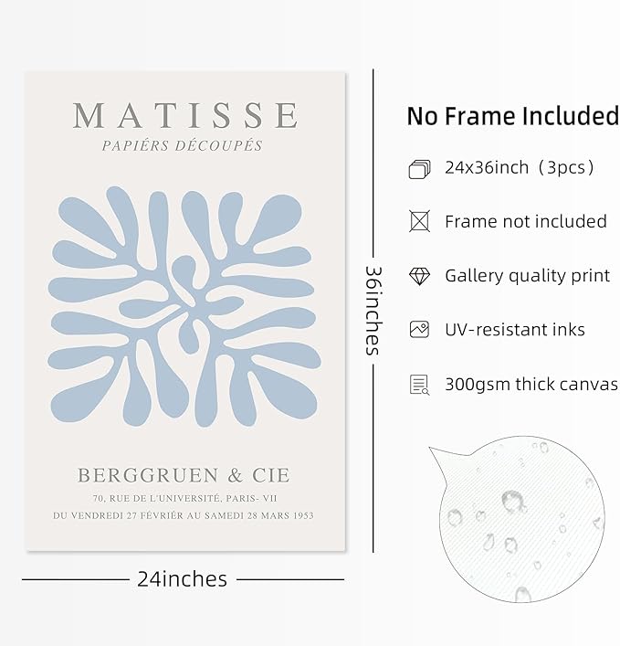 Youillne Henri Matisse Wall Art Prints Abstract Aesthetic Canvas Wall Art Blue Wall Decor Abstract Matisse Poster Minimalist Pictures Flower Market Painting for Bathroom 24x36 Inch Unframed Set of 3