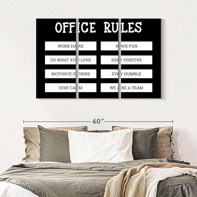 Elephant Stock - Office Rules Wall Art - Horizontal Multi Panel Canvas - 3 Piece Home Office Wall Decor - Digital Art Motivational Typography Multi Piece Wall Art - Black And White Decor by Cad Designs - 50" x 32"