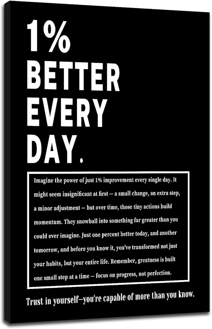 Large Motivational Wall Art 1% Better Every Day Framed Canvas Print Inspirational Decor for Office Conference Room Gym Large Growth Mindset Poster Entrepreneur Success Wall Art Decor [24''Wx36''H]