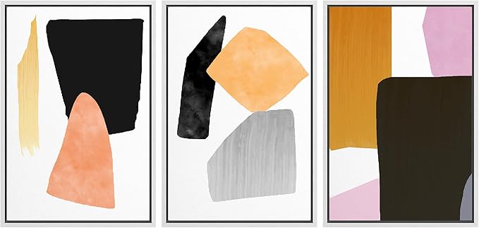 SIGNFORD Framed Wall Art Print Set Orange, Black & Purple Polygons Abstract Shapes Digital Art Modern Art Contemporary for Living Room, Bedroom, Office - 24"x36"x3 White