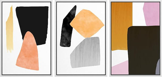 SIGNFORD Framed Wall Art Print Set Orange, Black & Purple Polygons Abstract Shapes Digital Art Modern Art Contemporary for Living Room, Bedroom, Office - 24"x36"x3 White
